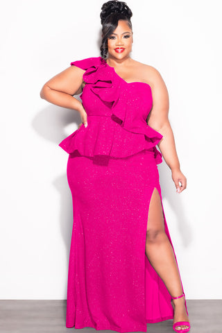 Final Sale Plus Size One Shoulder Layered Ruffle Gown in Fuchsia Glitter