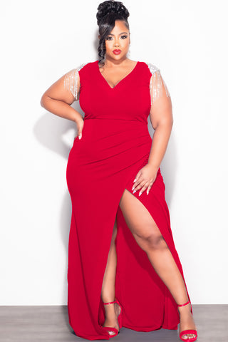 Final Sale Plus Size Deep V Rhinestone Fringe Shoulder With Maxi Dress in Red