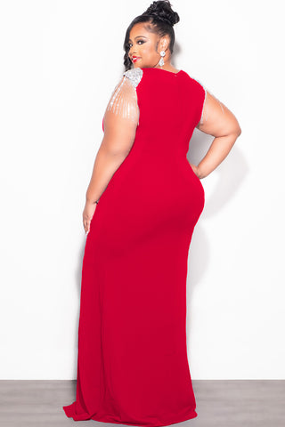 Final Sale Plus Size Deep V Rhinestone Fringe Shoulder With Maxi Dress in Red