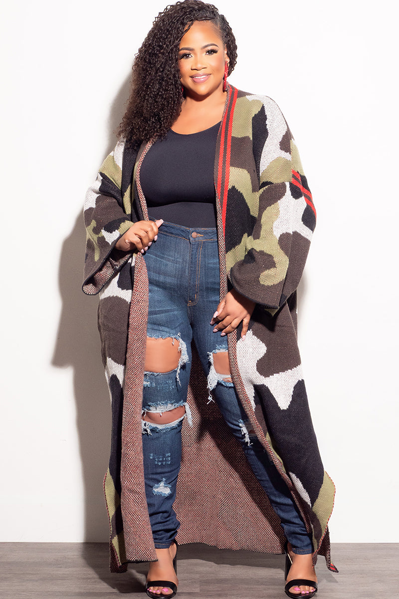 Final Sale Plus Size Knitted Cardigan with Bottom Tassels in Camouflage Print