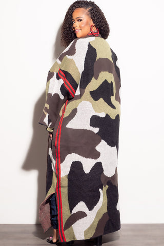 Final Sale Plus Size Knitted Cardigan with Bottom Tassels in Camouflage Print