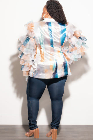 Final Sale Plus Size Blazer in White Teal and Tan Multi Color Print (Blazer Only Pants Sold Separately)