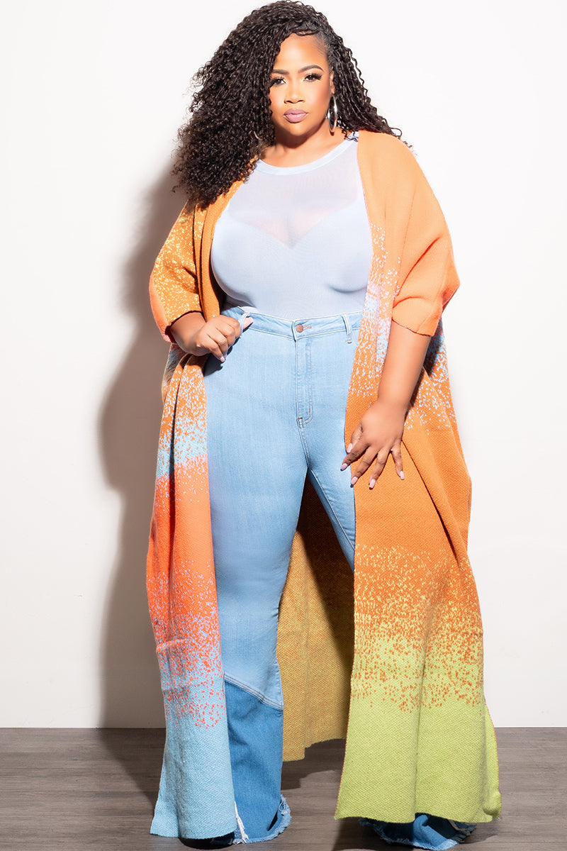Final Sale Plus Size Knitted Cardigan in Orange Multi Color Print