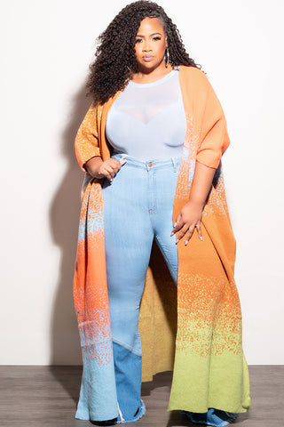 Final Sale Plus Size Knitted Cardigan in Orange Multi Color Print
