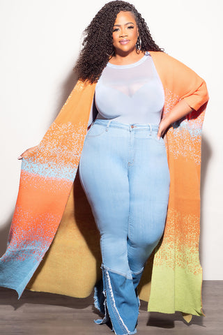 Final Sale Plus Size Knitted Cardigan in Orange Multi Color Print