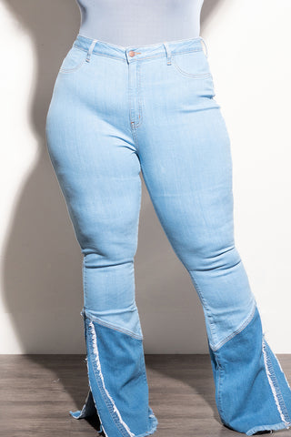 Final Sale Plus Size High Waist ColorBlock Flare Split Jeans in Denim