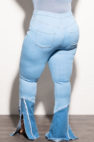 Final Sale Plus Size High Waist ColorBlock Flare Split Jeans in Denim