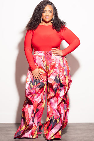 Final Sale Plus Size Oversized Windbreaker Ruffle Trim Wide Leg Pants in Red Design Print