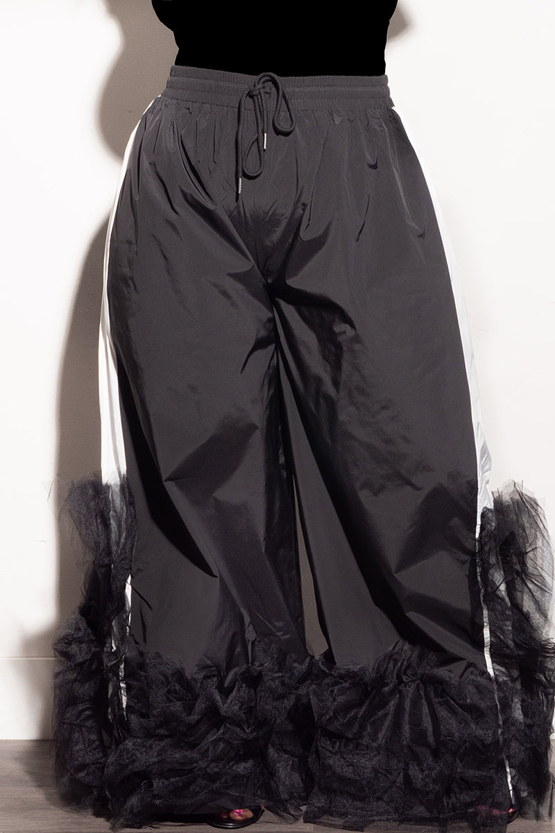 Final Sale Plus Size Oversized Windbreaker Wide Leg Pants with Tulle Bottom in Black and White