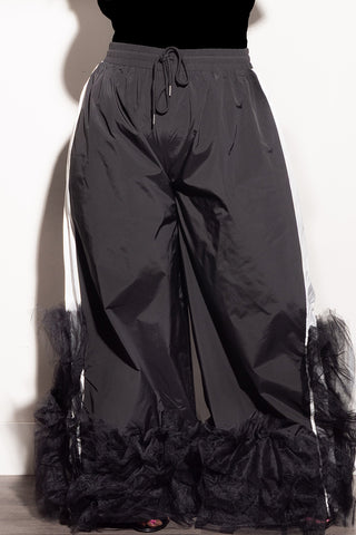 Final Sale Plus Size Oversized Windbreaker Wide Leg Pants with Tulle Bottom in Black and White