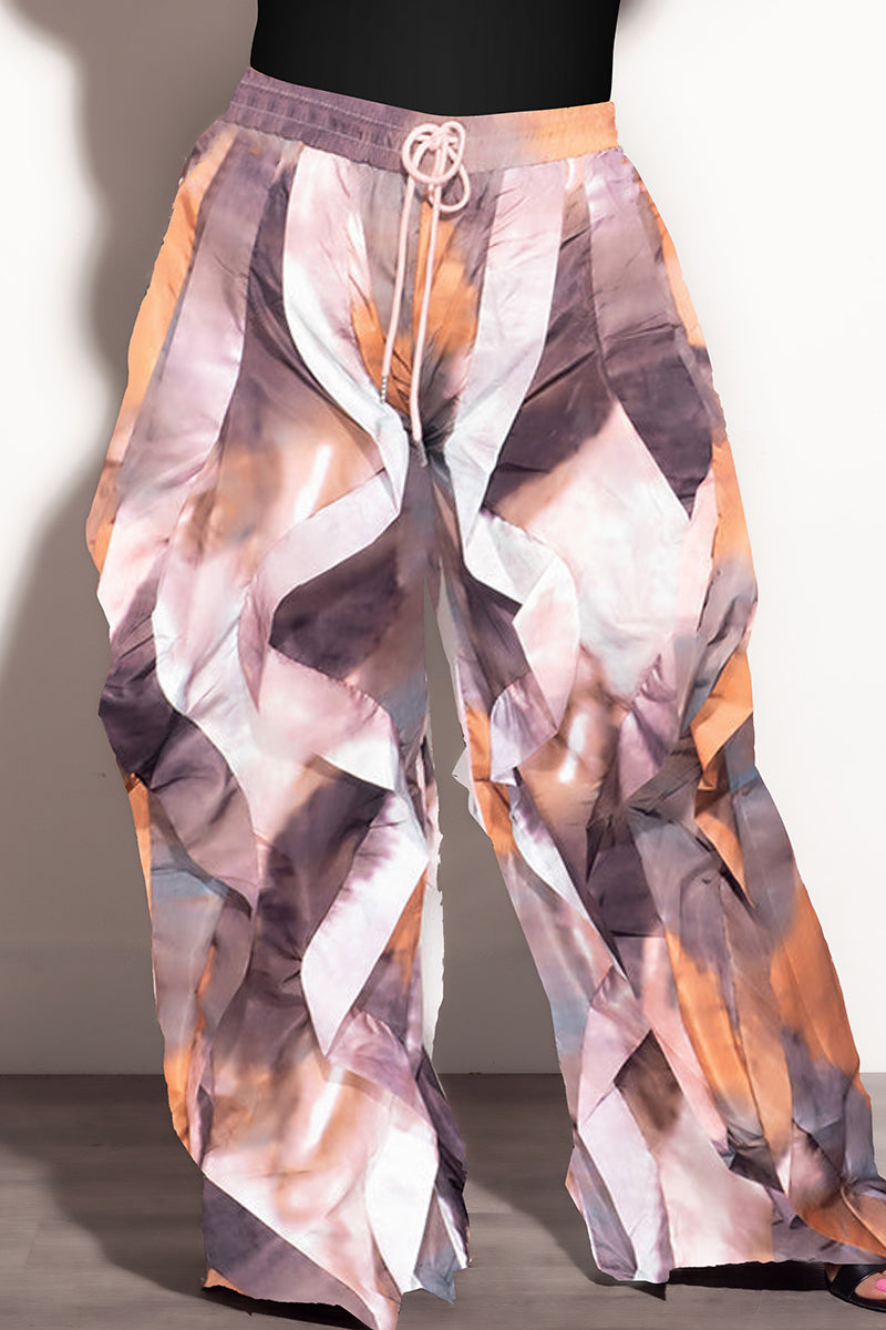 Final Sale Plus Size Wide Leg Drawstring Oversized Windbreaker Wavy Pants in Rust and Mauve Multi Color