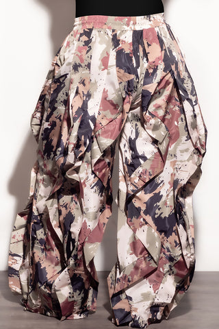 Final Sale Plus Size Wide Leg Drawstring Oversized Windbreaker Wavy Pants in Camo Olive/Black Multi Color Print