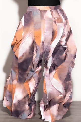 Final Sale Plus Size Wide Leg Drawstring Oversized Windbreaker Wavy Pants in Rust and Mauve Multi Color