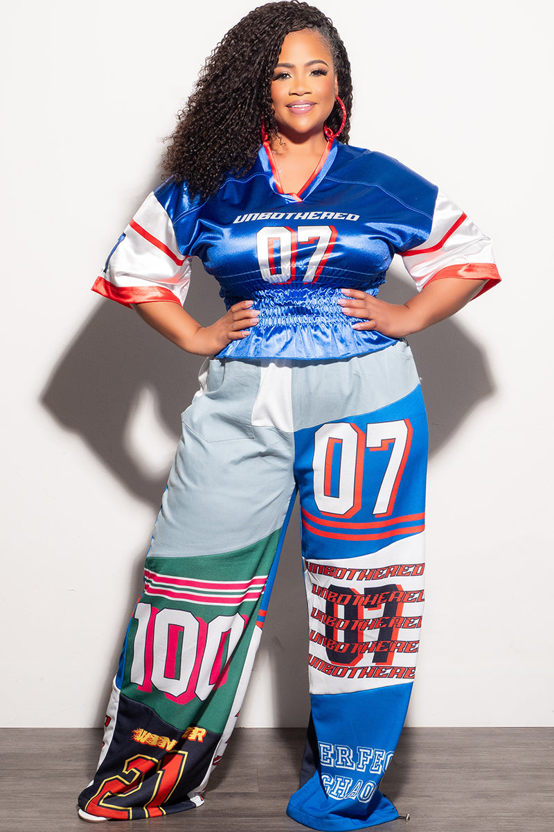 Final Sale Plus Size 2pc Set - 07 Jersey Top and Oversized Denim Wide Leg Jogger Pants in Royal Blue Multi Color Print
