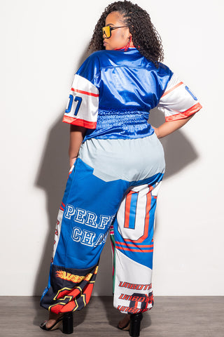 Final Sale Plus Size 2pc Set - 07 Jersey Top and Oversized Denim Wide Leg Jogger Pants in Royal Blue Multi Color Print