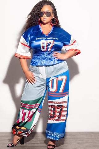 Final Sale Plus Size 2pc Set - 07 Jersey Top and Oversized Denim Wide Leg Jogger Pants in Royal Blue Multi Color Print