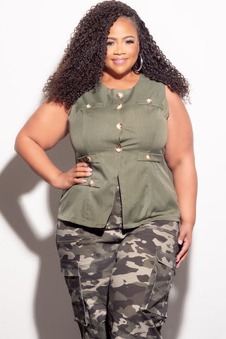 Final Sale Plus Size Faux Linen Button Up Vest in Olive