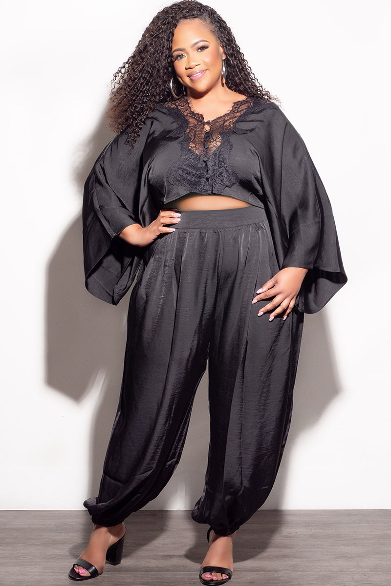 Final Sale Plus Size 2pc Satin Balloon Pant Set in Black