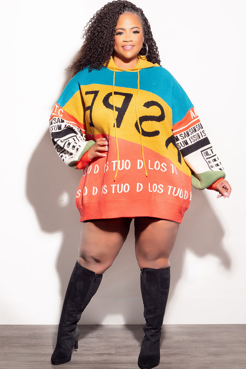 Final Sale Plus Size Oversized Hooded ColorBlock Sweater Top in Multi Color Print