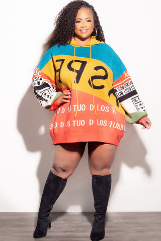 Final Sale Plus Size Oversized Hooded ColorBlock Sweater Top in Multi Color Print