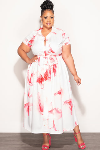 Final Sale Plus Size Floral Printed Collared Short Sleeve Belted Midi Dress in Coral & Ivory