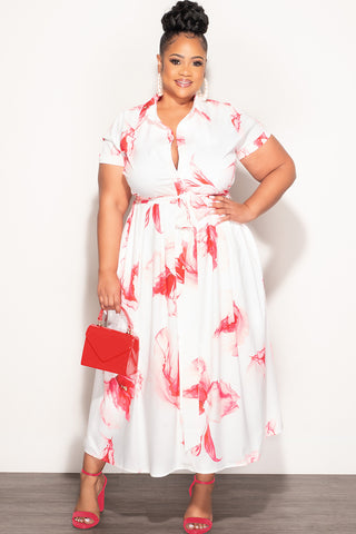 Final Sale Plus Size Floral Printed Collared Short Sleeve Belted Midi Dress in Coral & Ivory