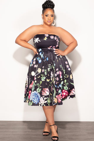 Final Sale Plus Size Strapless Midi Dress in Black with Multi-Color Florals