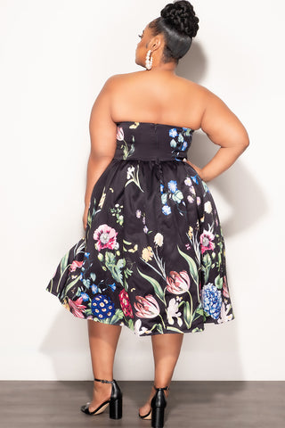 Final Sale Plus Size Strapless Midi Dress in Black with Multi-Color Florals