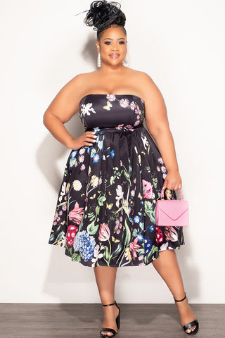 Final Sale Plus Size Strapless Midi Dress in Black with Multi-Color Florals