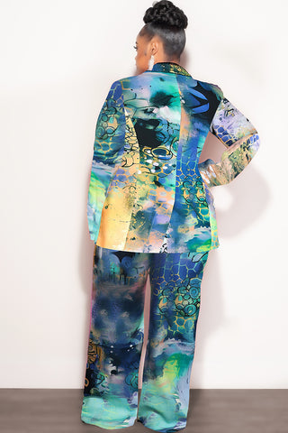 Final Sale Plus Size 2pc Cape Suit with Cut-outs Armholes Sleeves Double-Button Blazer & Pants Set Multi-Color in Green, Yellow, Blue & Black