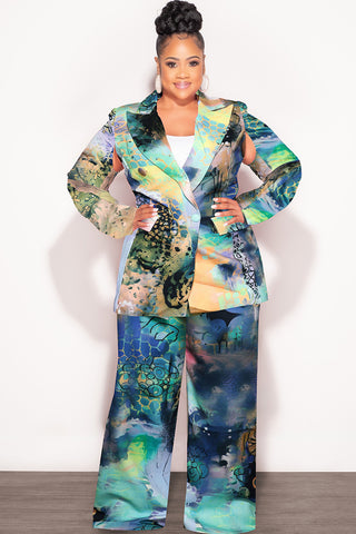 Final Sale Plus Size 2pc Cape Suit with Cut-outs Armholes Sleeves Double-Button Blazer & Pants Set Multi-Color in Green, Yellow, Blue & Black