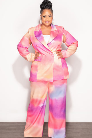 Final Sale Plus Size 2pc Cape Suit with Cut-outs Armholes Sleeves Double-Button Blazer & Pants Set in Multi-Color in Pink, Yellow, & Purple