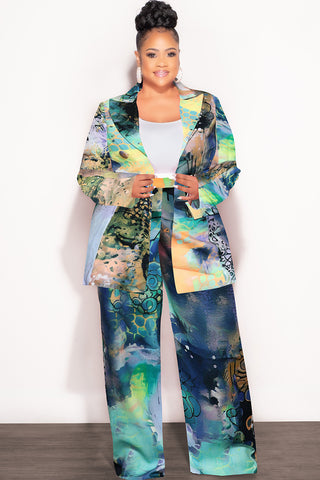 Final Sale Plus Size 2pc Cape Suit with Cut-outs Armholes Sleeves Double-Button Blazer & Pants Set Multi-Color in Green, Yellow, Blue & Black
