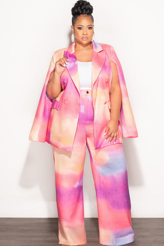 Final Sale Plus Size 2pc Cape Suit with Cut-outs Armholes Sleeves Double-Button Blazer & Pants Set in Multi-Color in Pink, Yellow, & Purple