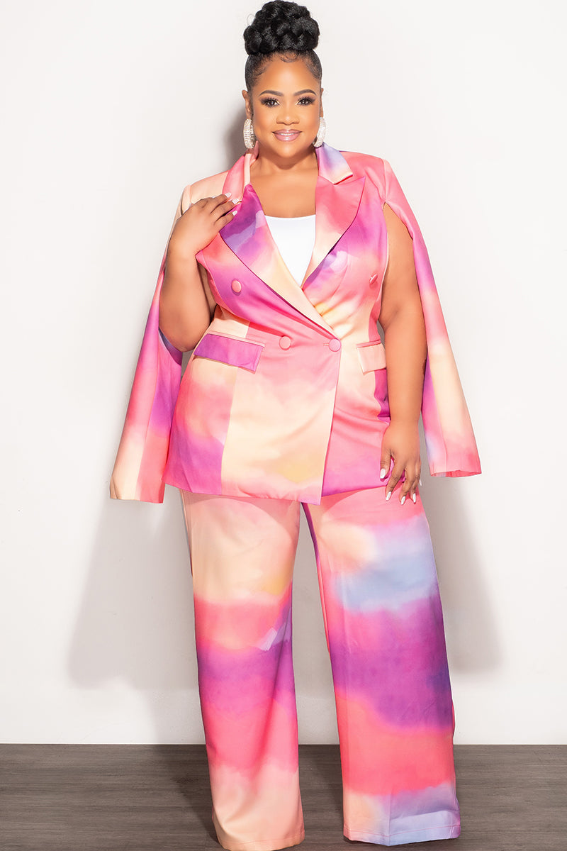 Final Sale Plus Size 2pc Cape Suit with Cut-outs Armholes Sleeves Double-Button Blazer & Pants Set in Multi-Color in Pink, Yellow, & Purple