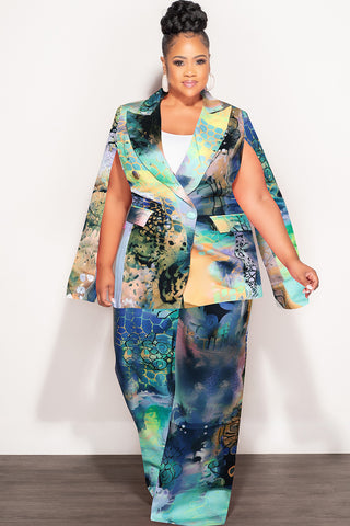 Final Sale Plus Size 2pc Cape Suit with Cut-outs Armholes Sleeves Double-Button Blazer & Pants Set Multi-Color in Green, Yellow, Blue & Black