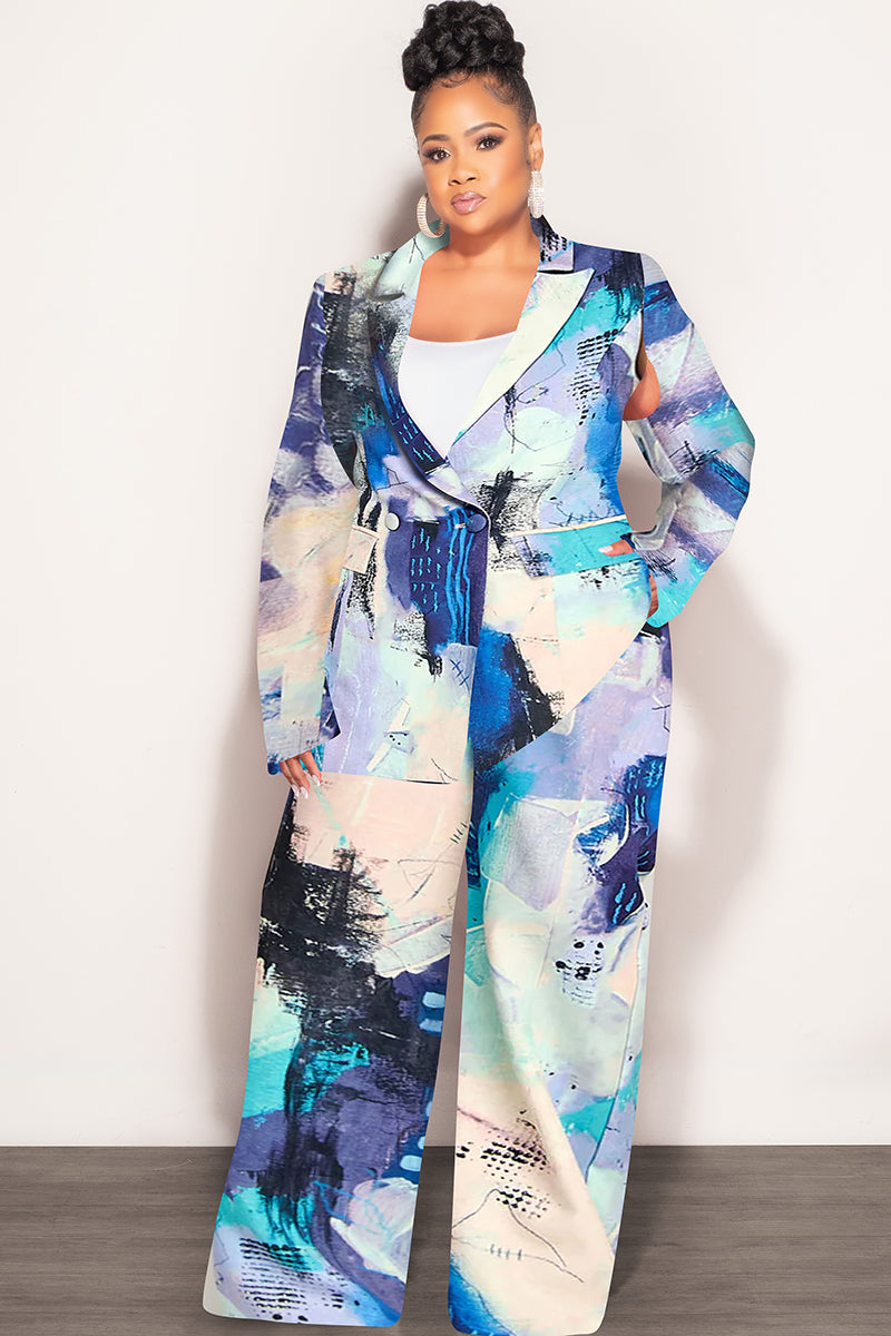 Final Sale Plus Size 2pc Cape Suit with Cut-outs Armholes Sleeves Double-Button Blazer & Pants Set in Multi-Color in Soft Blue, Yellow, Blue & Black
