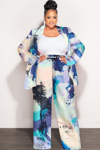 Final Sale Plus Size 2pc Cape Suit with Cut-outs Armholes Sleeves Double-Button Blazer & Pants Set in Multi-Color in Soft Blue, Yellow, Blue & Black