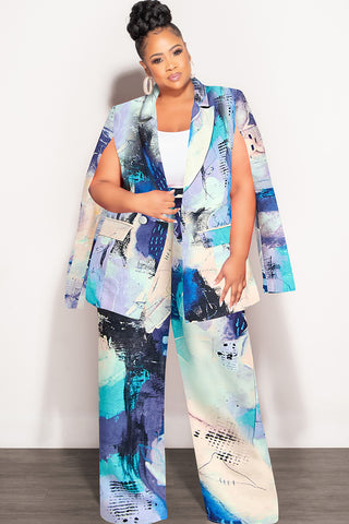Final Sale Plus Size 2pc Cape Suit with Cut-outs Armholes Sleeves Double-Button Blazer & Pants Set in Multi-Color in Soft Blue, Yellow, Blue & Black