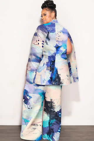 Final Sale Plus Size 2pc Cape Suit with Cut-outs Armholes Sleeves Double-Button Blazer & Pants Set in Multi-Color in Soft Blue, Yellow, Blue & Black