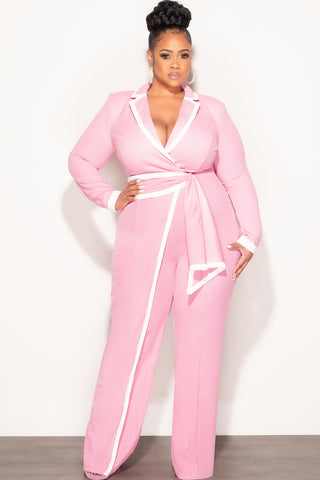 Final Sale Plus Size Faux Wrap Jumpsuit in Pink with White Detailing