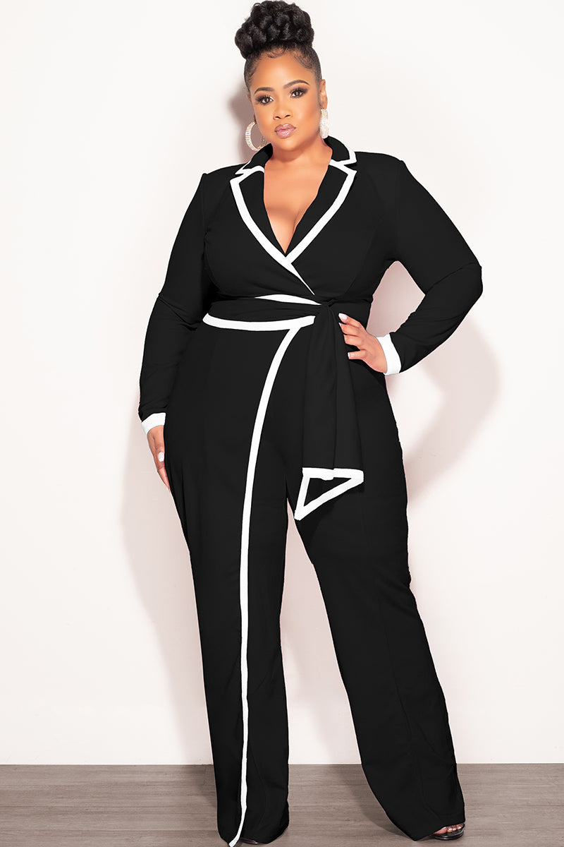 Final Sale Plus Size Faux Wrap Jumpsuit in Black with White Detailing