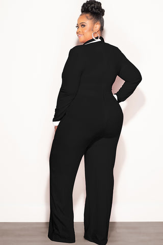 Final Sale Plus Size Faux Wrap Jumpsuit in Black with White Detailing