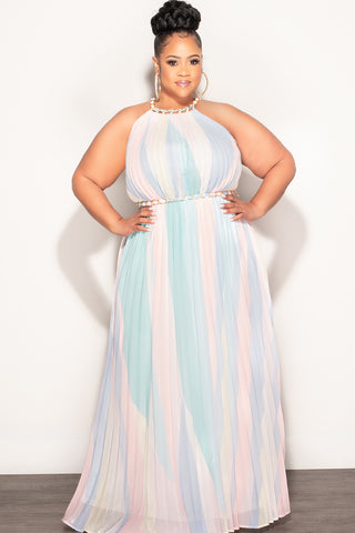 Final Sale Plus Size Sleeveless Chiffon  Chain Halter Neck Maxi Dress in Soft Pastels