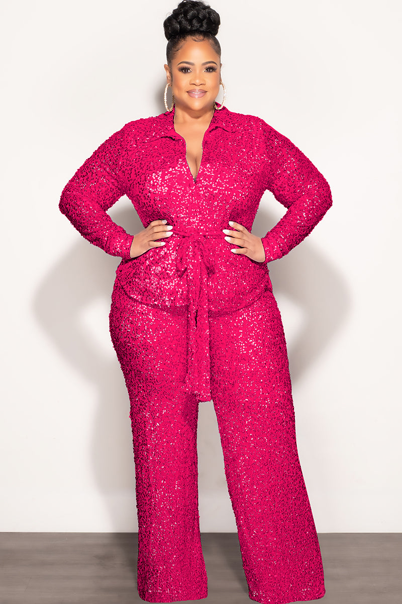 Final Sale Plus Size 2pc Sequin Set in Fuchsia