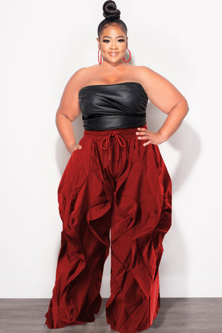 Final Sale Plus Size Wide Leg Drawstring Oversized Windbreaker Wavy Pants in Dark Red
