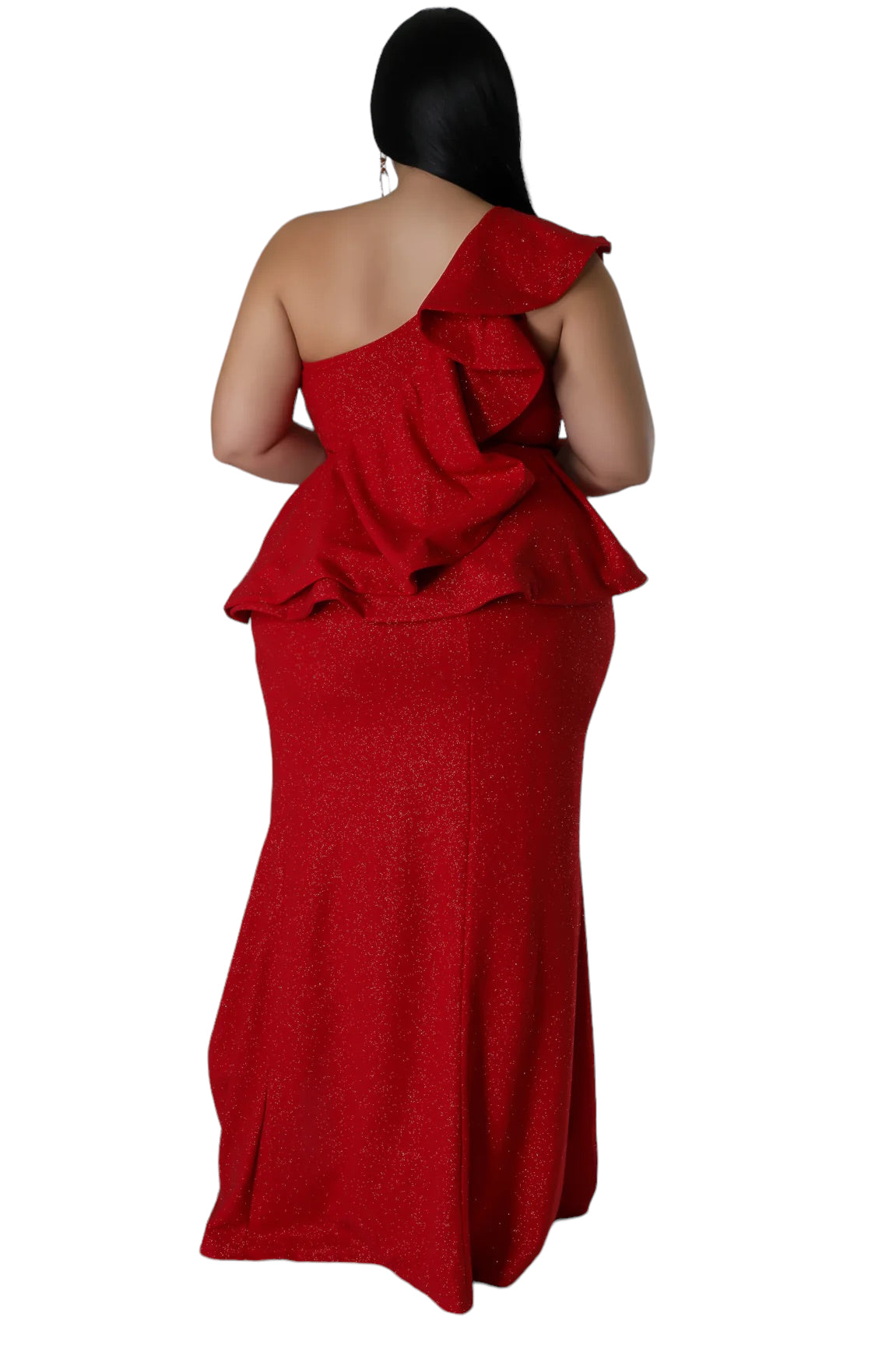 Final Sale Plus Size One Shoulder Layered Ruffle Gown in Red Glitter