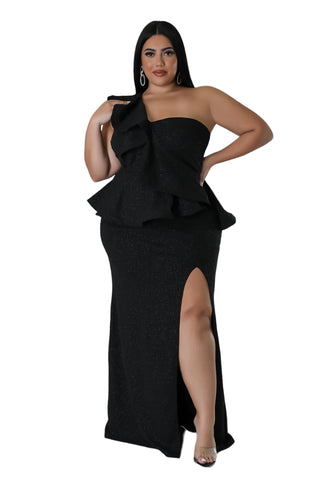 Final Sale Plus Size One Shoulder Layered Ruffle Gown in Black Glitter
