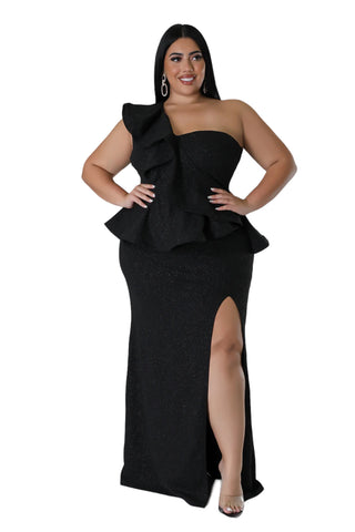 Final Sale Plus Size One Shoulder Layered Ruffle Gown in Black Glitter