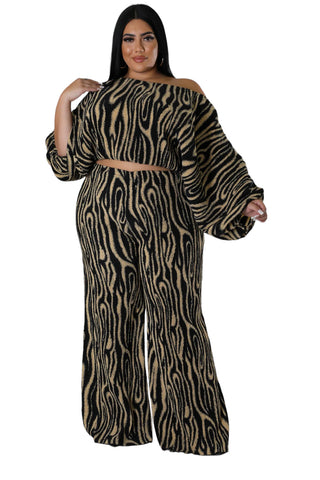 Final Size 2pc Pleated Off the Shoulder Top and Pants Set in Black and Tan